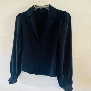 Tahari Navy Button-Front Blouse with Puff Sleeves